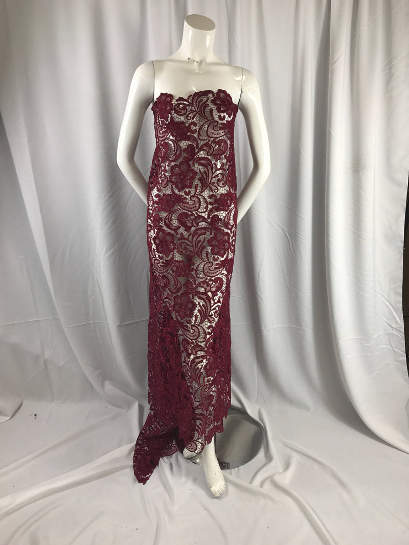 Burgundy flower guipure-chemical lace-apparel-fashion-decorations-dresses-nightgown-sold by the yard.