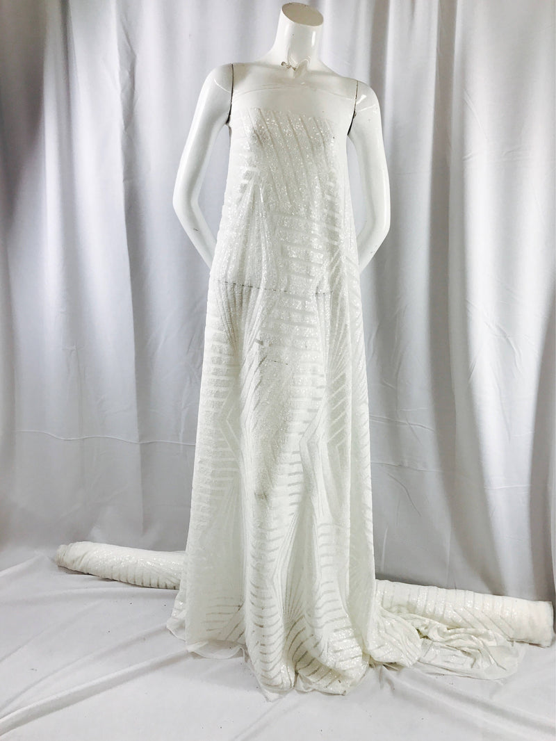 Off White geometric design embroidory with sequins on a white mesh-dresses-fashion-apparel-nightgown-decorations-sold by the yard.