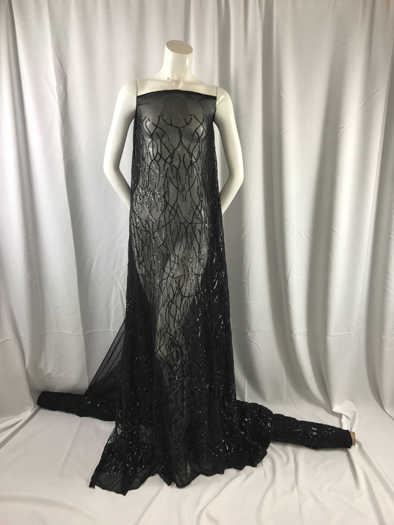 Dazzling Black fashion tree Embroider with sequins on a mesh lace-prom-nightgown-decorations-dresess-apparel-fashion-sold by the yard