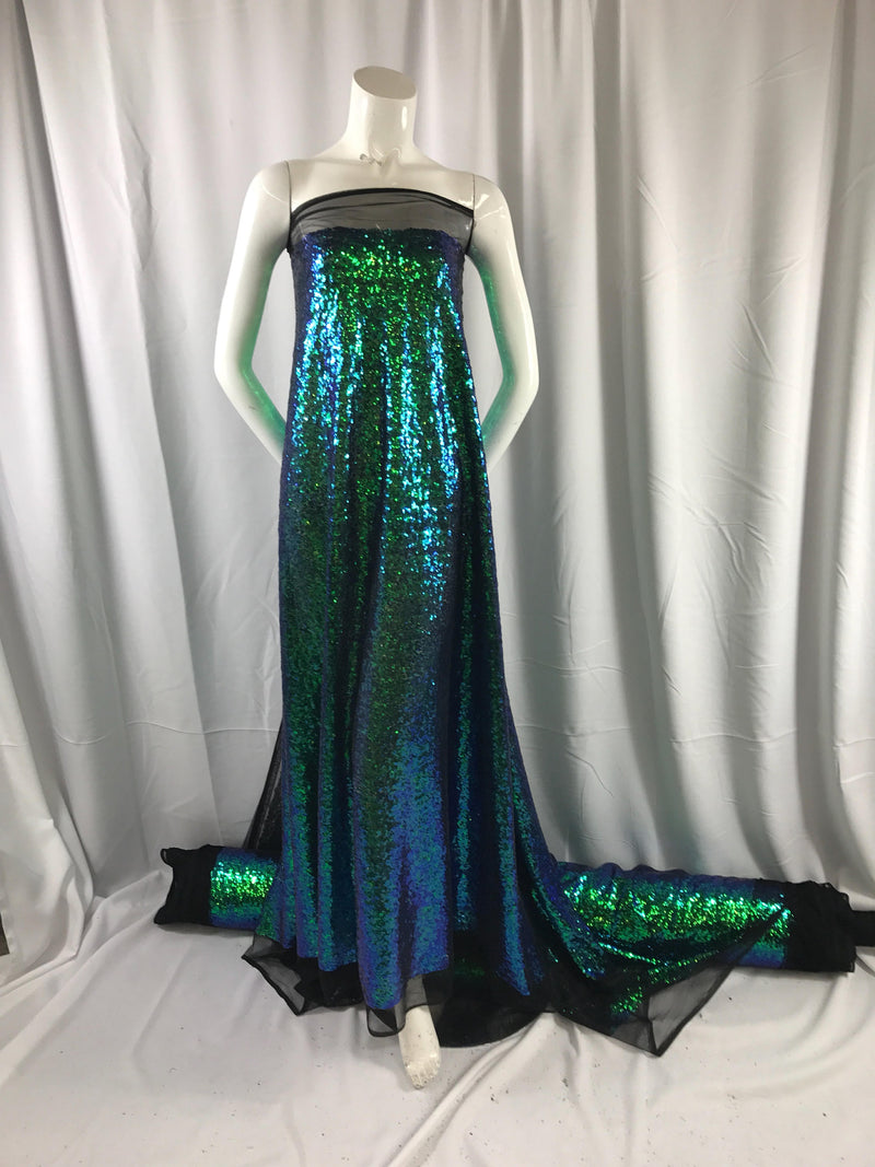 Green/purple iridescent mermaid fish scales-mini sequins embroider on a black mesh fabric-fashion-decorations-dresses-sold by the yard-