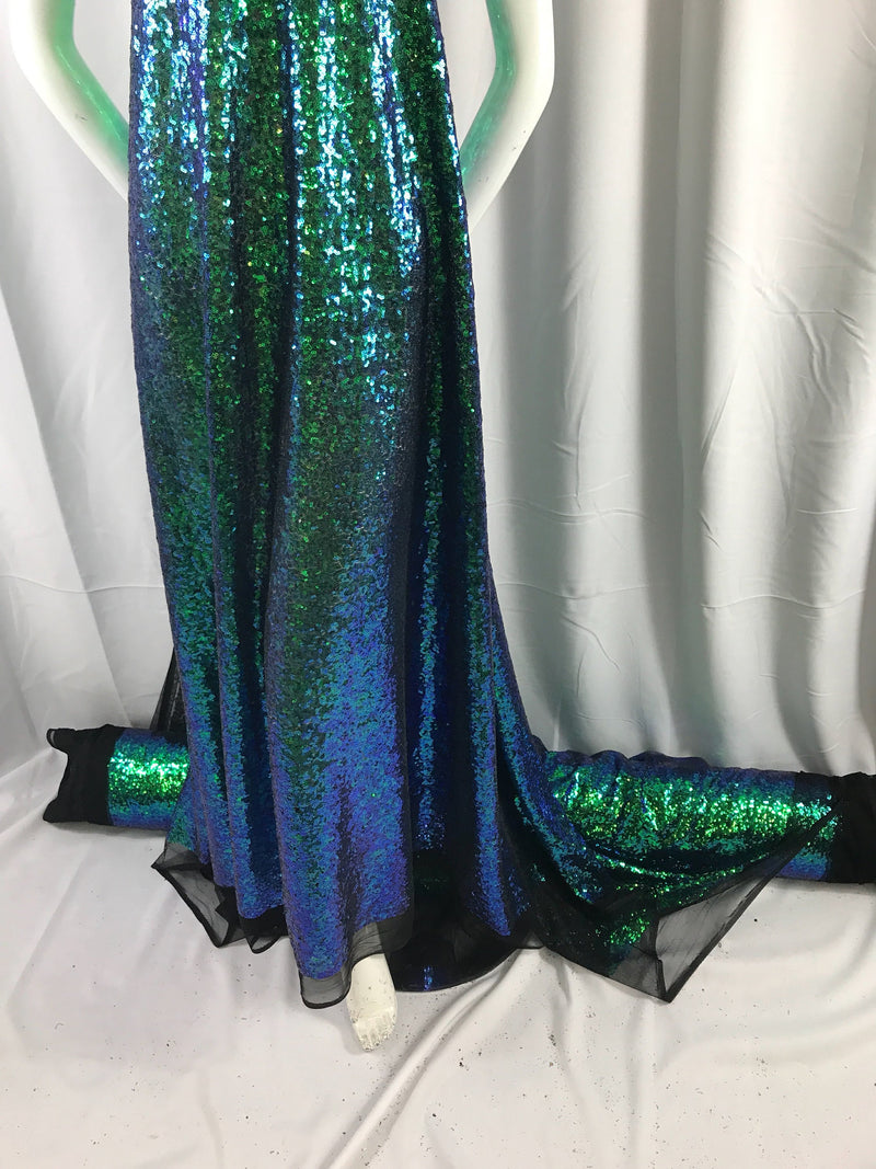 Green/purple iridescent mermaid fish scales-mini sequins embroider on a black mesh fabric-fashion-decorations-dresses-sold by the yard-