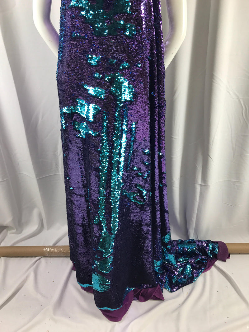 Purple-turquoise mermaid fish scales 2 way stretch lycra 2 way flip flop shiny sequins-prom-nightgown-decorations-dresses-fashion-by yard..