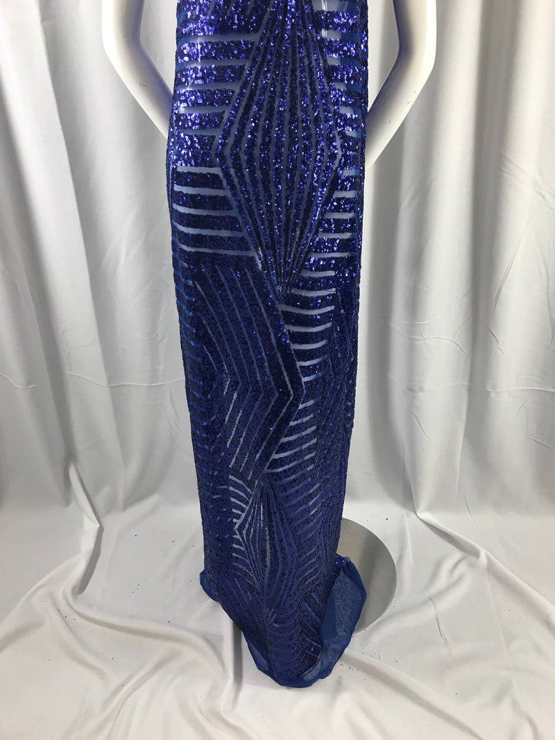 Geometric designer shiny sequins embroidery on a royal blue mesh fabric-54" wide-apparel-fashion-dresses-decorations-sold by yard.