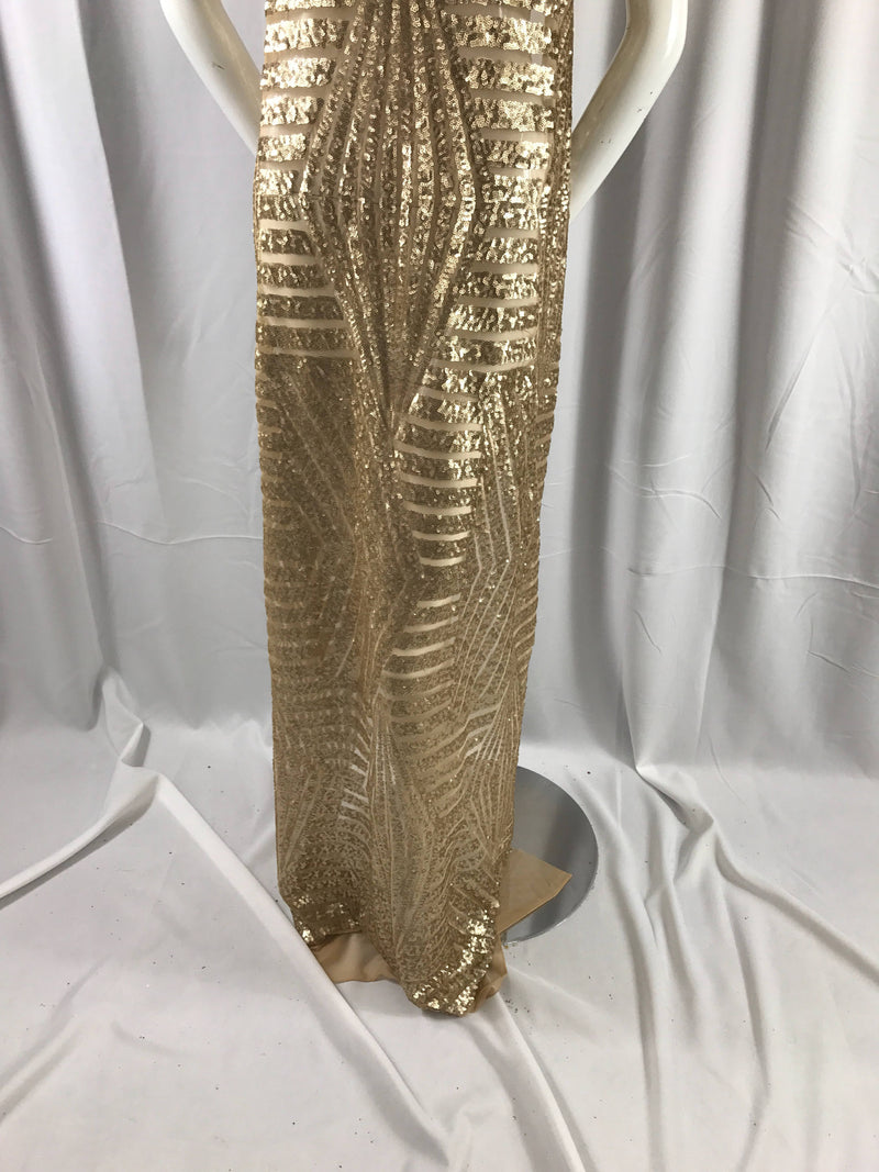 Geometric designer matt gold sequins embroider on a nude mesh fabric-54" wide-apparel-nightgown-fashion-dress-sold by the yard.