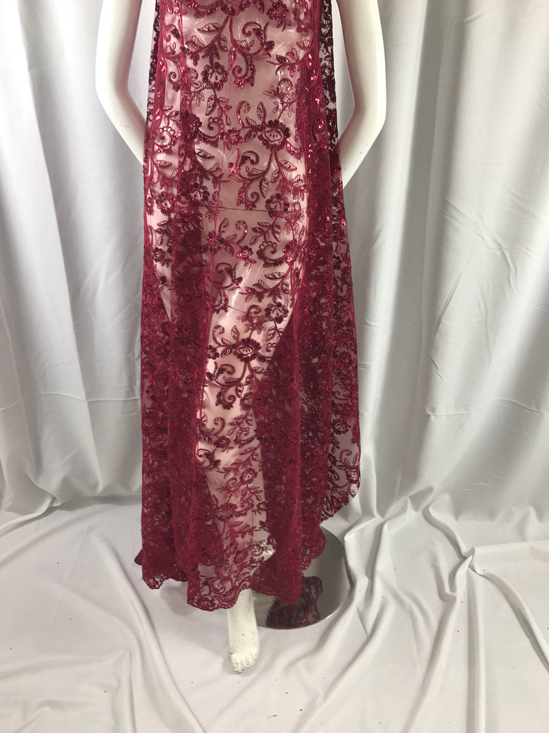 Burgundy corded flowers embroider with sequins on a mesh lace fabric-wedding-bridal-prom-nightgown-dresses-fashion-sold by the yard.