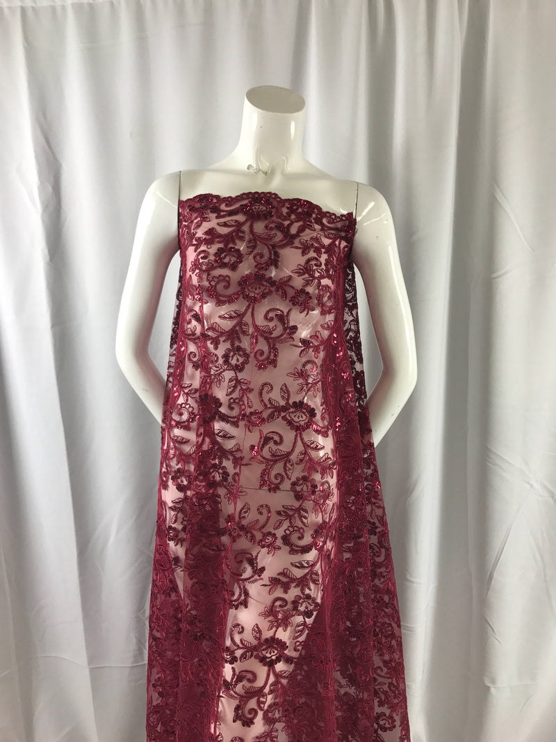 Burgundy corded flowers embroider with sequins on a mesh lace fabric-wedding-bridal-prom-nightgown-dresses-fashion-sold by the yard.