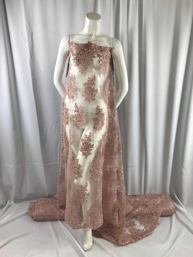 Dusty rose flower lace corded and embroider with sequins on a mesh. Wedding/bridal/prom/nightgown fabric-dresses-fashion-Sold by the yard.