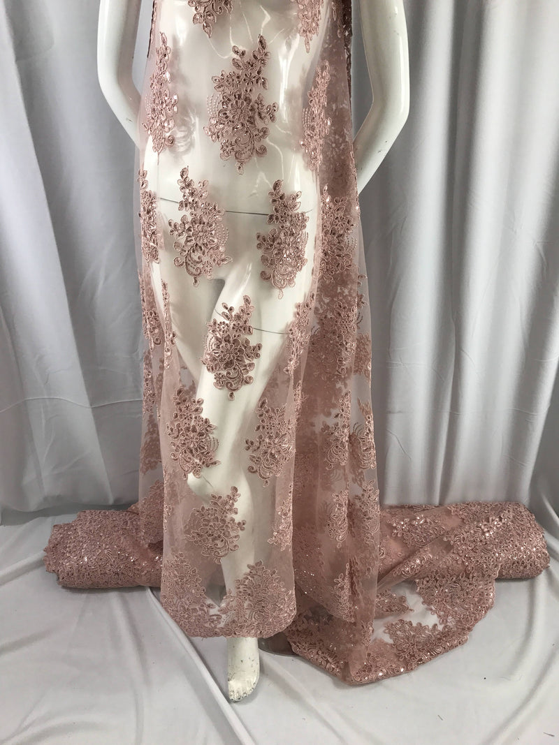 Dusty rose flower lace corded and embroider with sequins on a mesh. Wedding/bridal/prom/nightgown fabric-dresses-fashion-Sold by the yard.