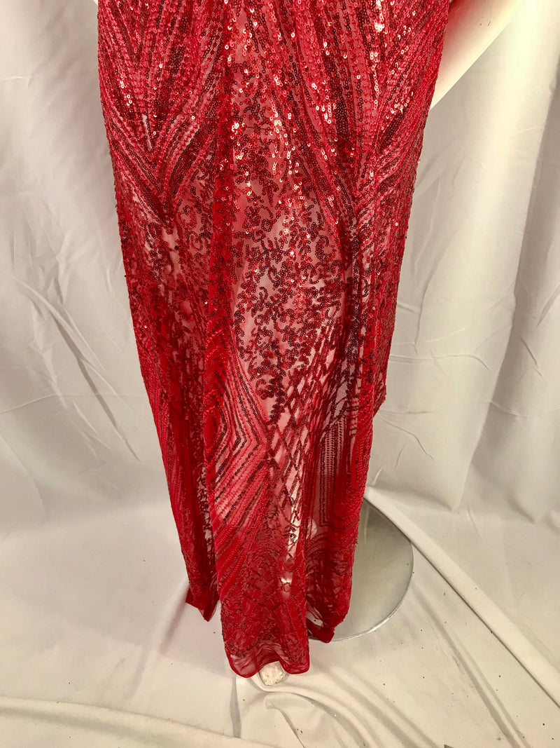 Red geometric diamond design embroider with Sequins on a 2 way stretch mesh lace-dresses-fashion-nightgown-prom-sold by yard.