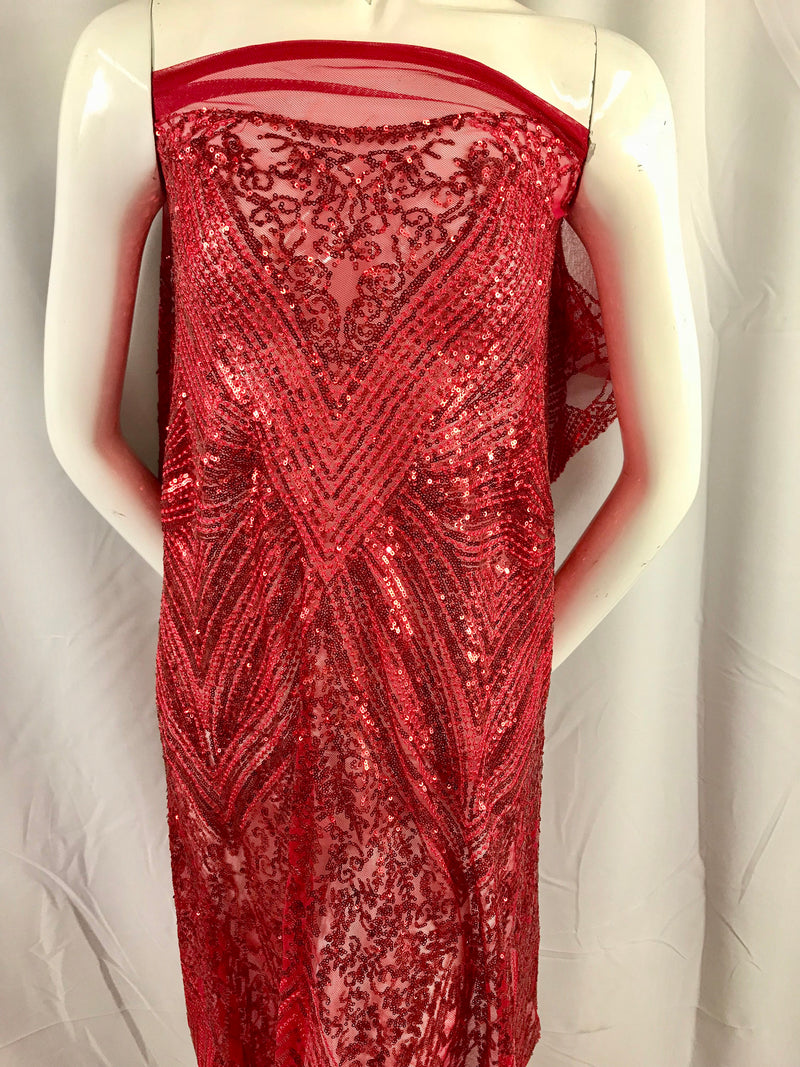 Red geometric diamond design embroider with Sequins on a 2 way stretch mesh lace-dresses-fashion-nightgown-prom-sold by yard.