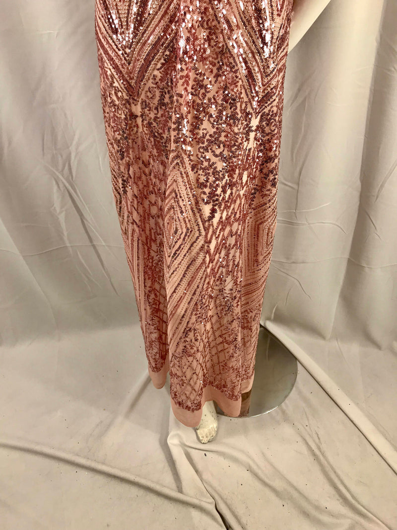 Dusty rose geometric diamond design embroider with sequins on a 2 way stretch mesh lace-dresses-fashion-nightgown-sold by yard.