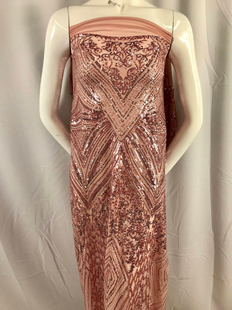 Dusty rose geometric diamond design embroider with sequins on a 2 way stretch mesh lace-dresses-fashion-nightgown-sold by yard.