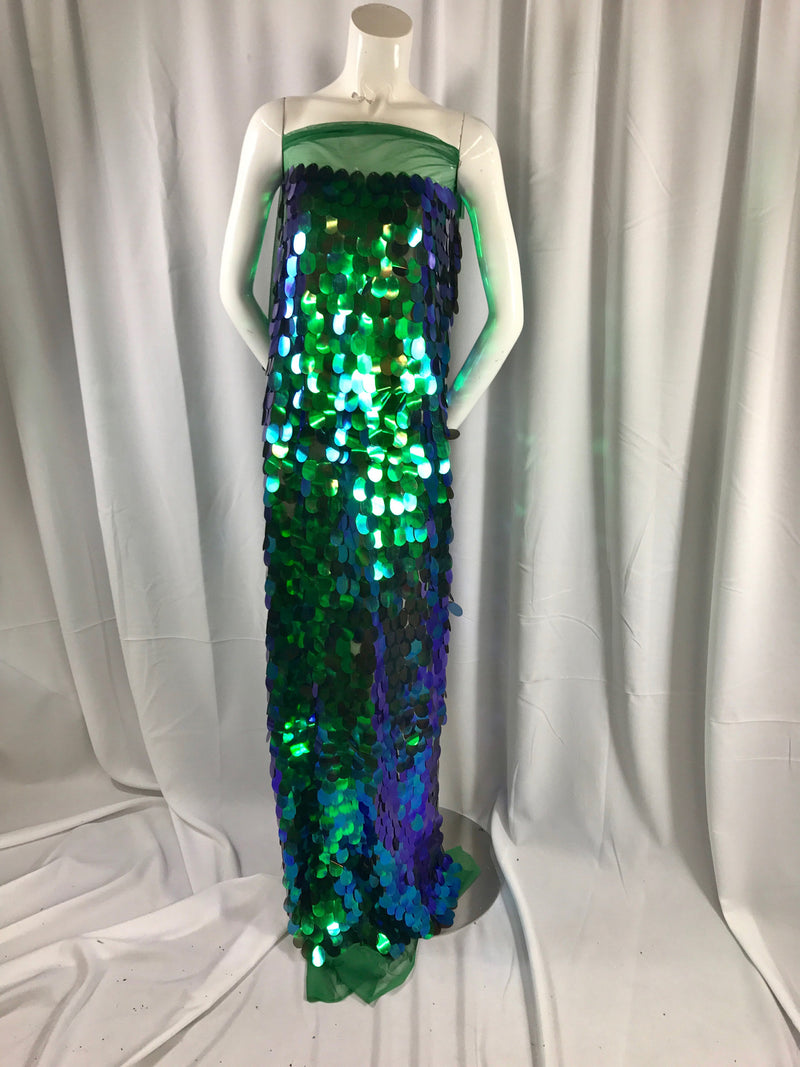 Green hologram iridescent mermaid fish scales on a green mesh-prom-decorations-dresses-sequins-nightgown-craft-sold by the yard.