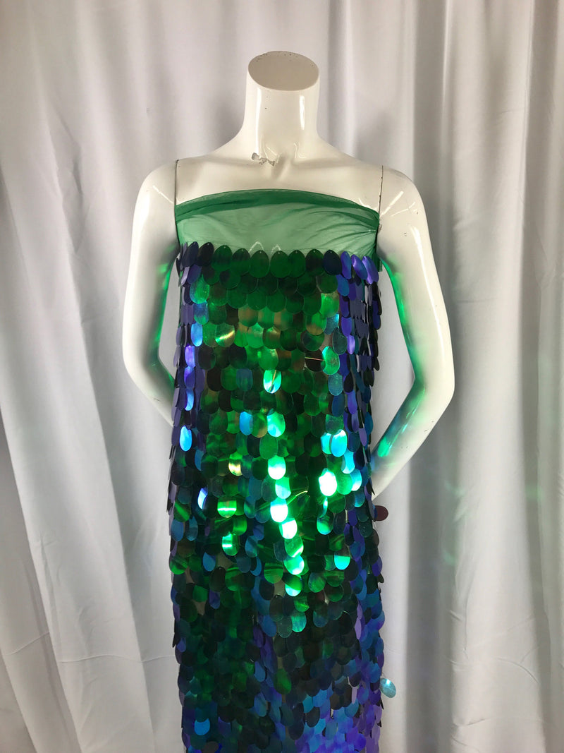 Green hologram iridescent mermaid fish scales on a green mesh-prom-decorations-dresses-sequins-nightgown-craft-sold by the yard.