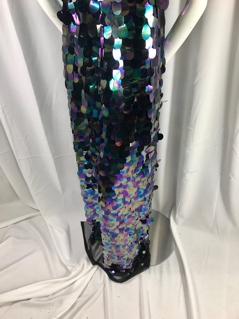 Black hologram iridescent mermaid fish scales on a black mesh-sequins-prom-decorations-nightgown-dresses-sold by the yard.