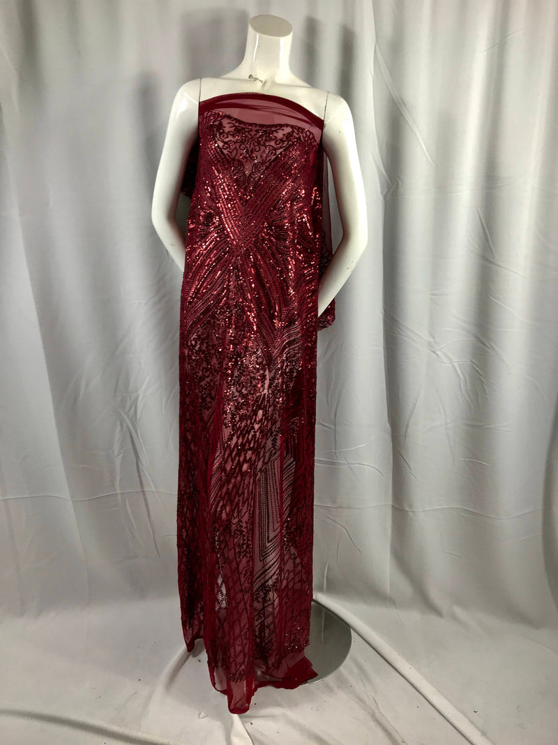 Burgundy geometric diamond design embroider with sequins on a 2 way stretch mesh lace-dresses-fashion-nightgown-sold by yard.