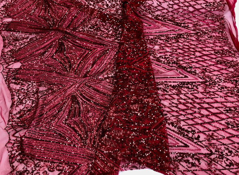 Burgundy geometric diamond design embroider with sequins on a 2 way stretch mesh lace-dresses-fashion-nightgown-sold by yard.