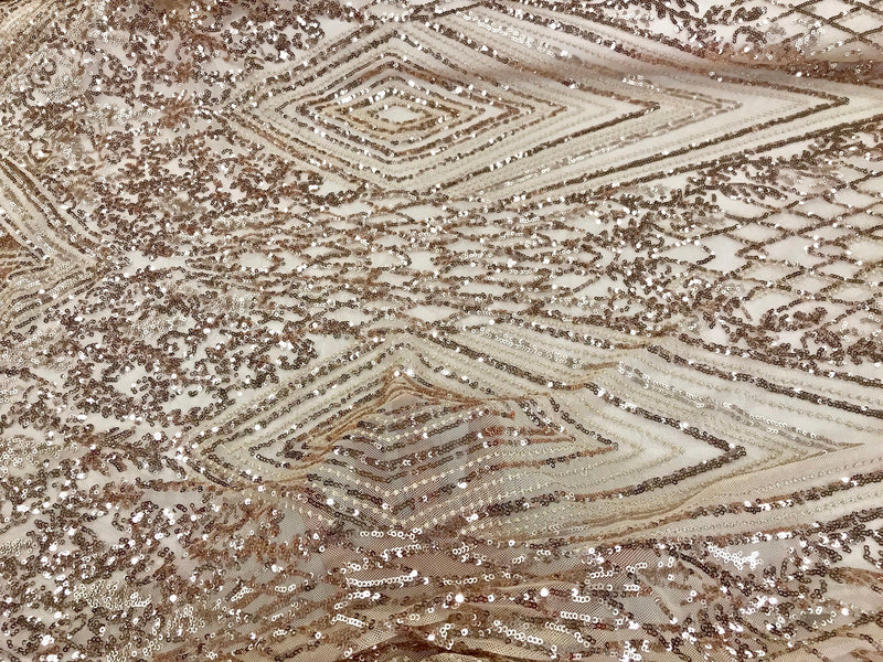 Champagne geometric diamond design embroider with sequins on a 2 way stretch mesh lace-dresses-fashion-nightgown-sold by yard.