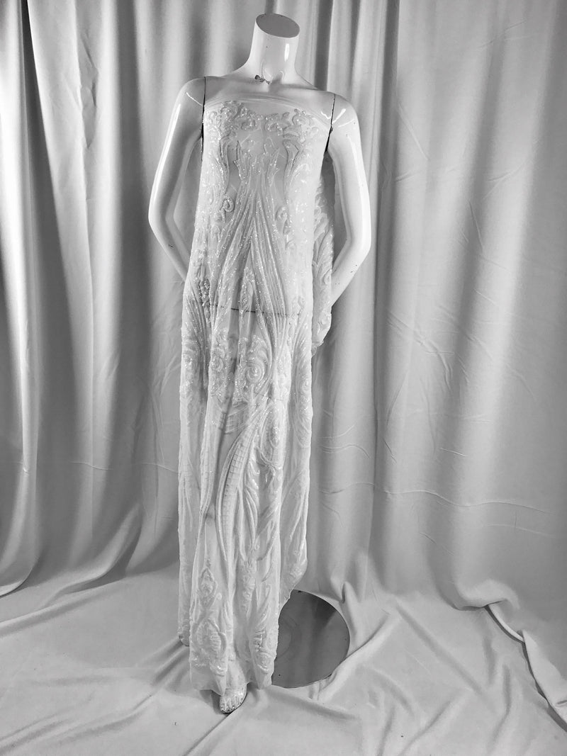 White empire design with sequins embroider on a 2 way stretch mesh fabric-wedding-bridal-prom-nightgown-decorations-dresses-sold by the yard