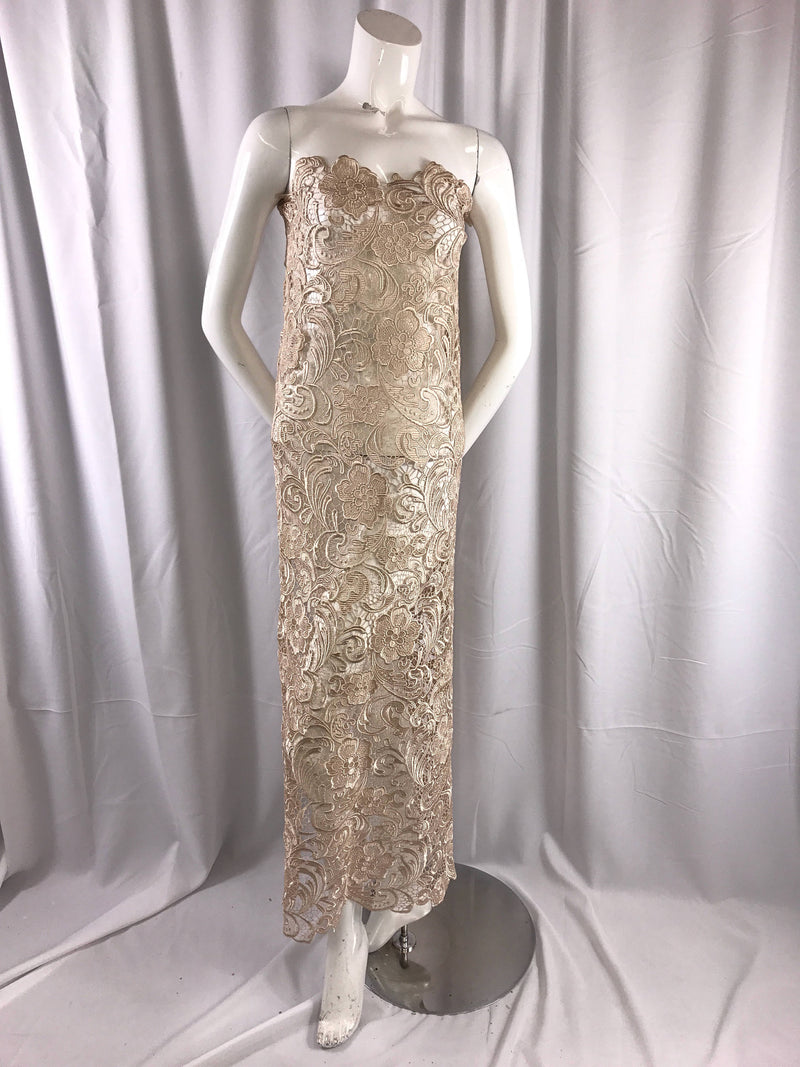 Champagne classy flower guipure lace-prom-nightgown-decorations-apparel-fashion-dresses-sold by the yard.