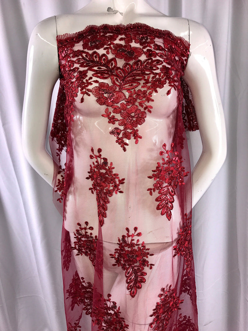 Burgundy french flower design embroider and corded with sequins on a mesh lace-wedding-beidal-prom-nightgown-dresses-sold by the yard.