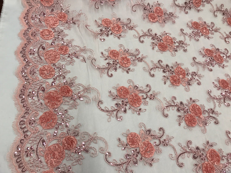 Blush peach  3d flowers embroider with sequins on a mesh lace fabric. Sold by the yard.