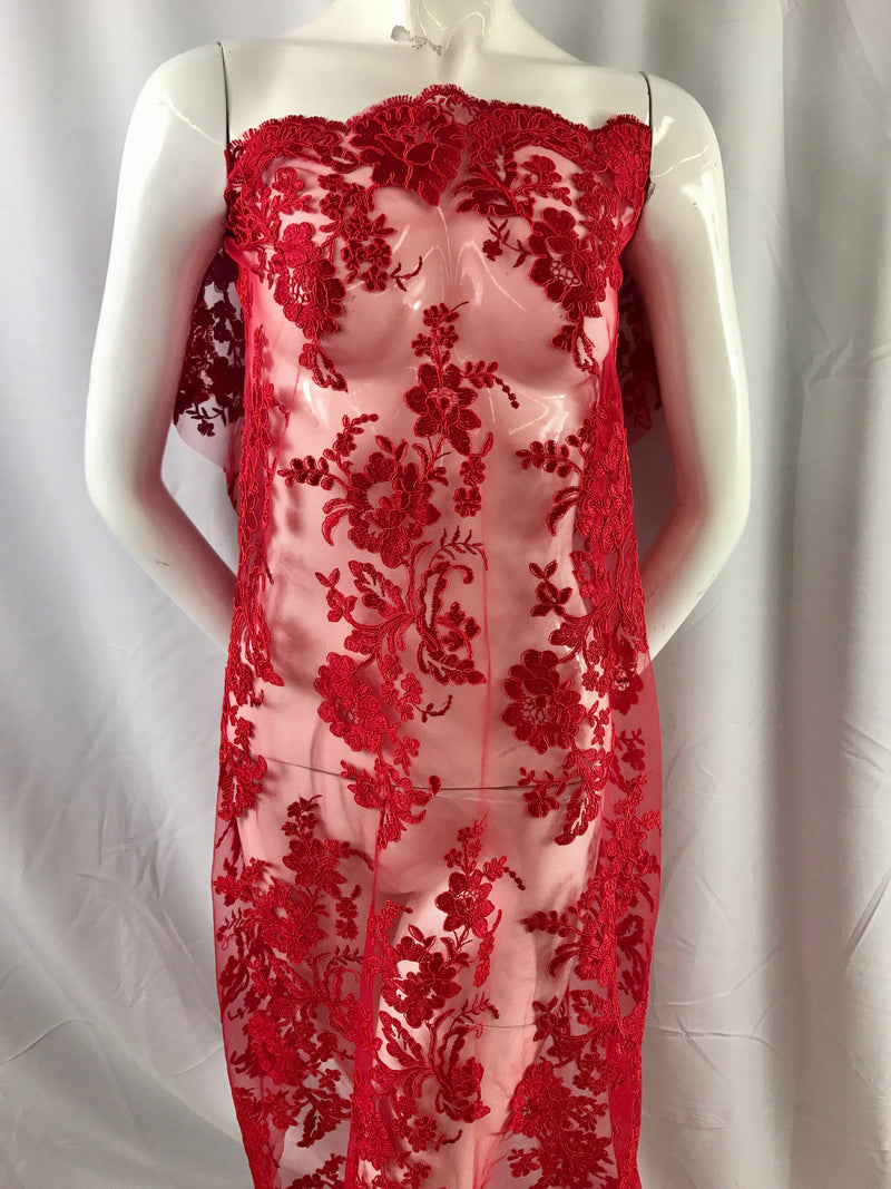 Red floral design embroider and corded on a mesh lace fabric-fashion-decorations-nightgown-prom-sold by the yard.