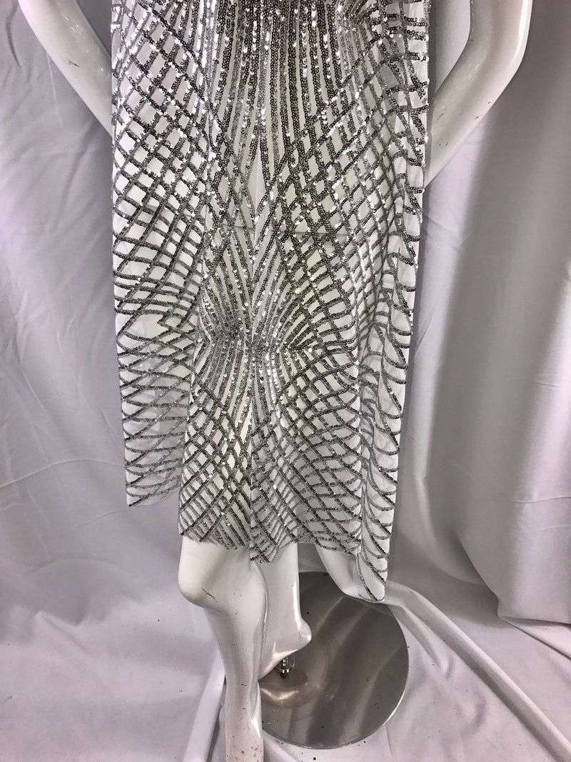 Silver venom diamond web-embroider with sequins on a white mesh lace fabric-wedding-bridal-prom-nightgown fabric-sold by the yard-