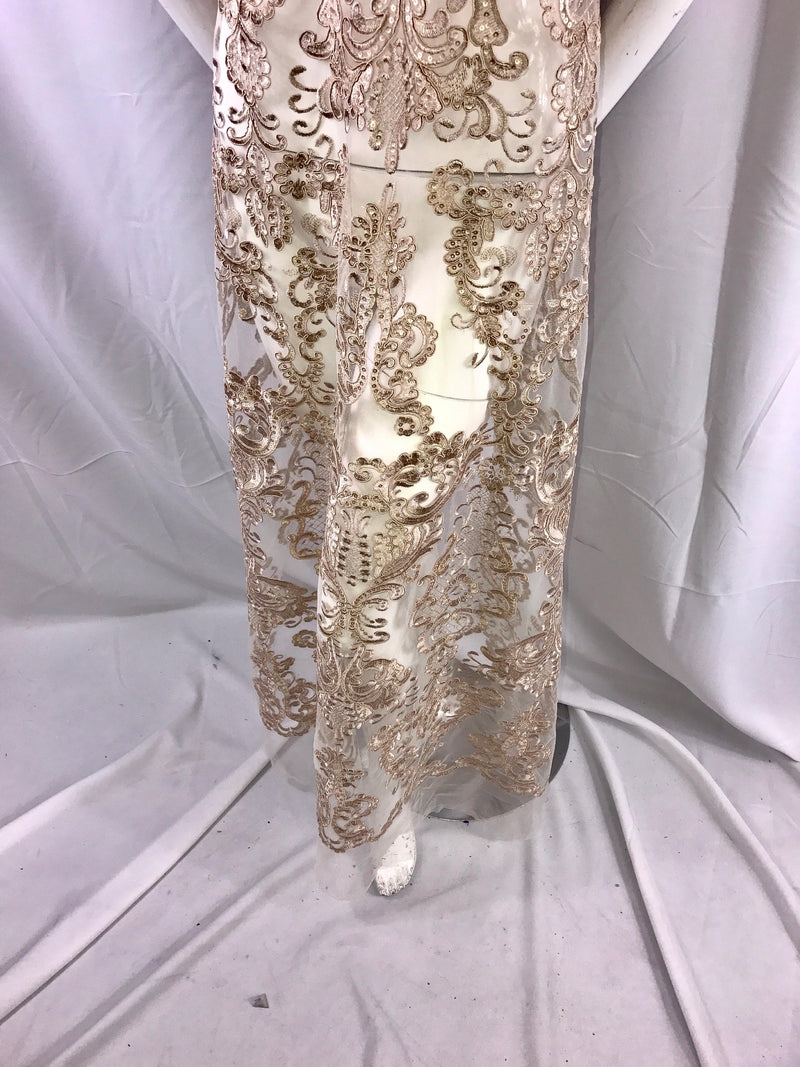 Taupe Damask pattern Embroidery with shiny sequins and Corded on a mesh lace-dresses-fashion-decorations-apparel nightgown-sold by the yard.