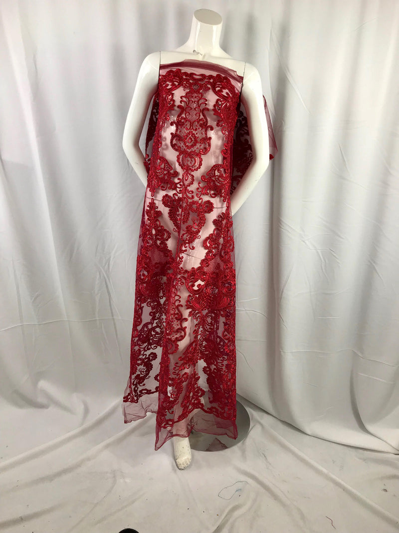 Dark Red damask pattern Embroidery with shiny sequins and Corded on a mesh lace-apparel-fashion-decorations-dresses-nightgown-sold by the ya