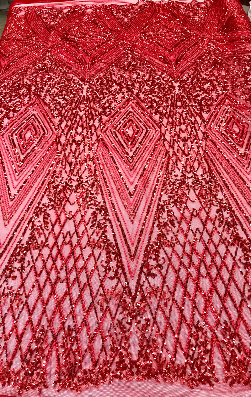 Red geometric diamond design embroider with Sequins on a 2 way stretch mesh lace-dresses-fashion-nightgown-prom-sold by yard.