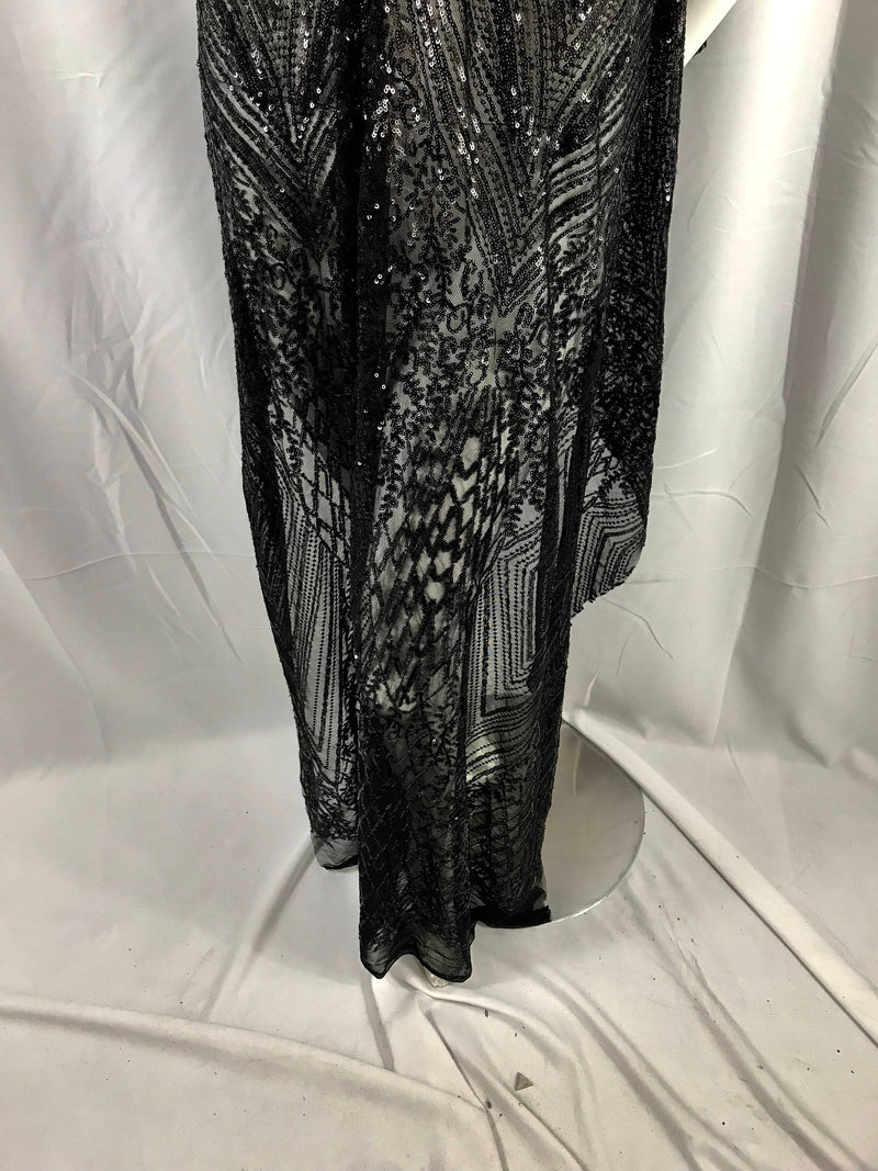 Black geometric diamond design embroider with sequins on a 2 way stretch mesh lace-dresses-fashion-nightgown-prom-sold by yard.