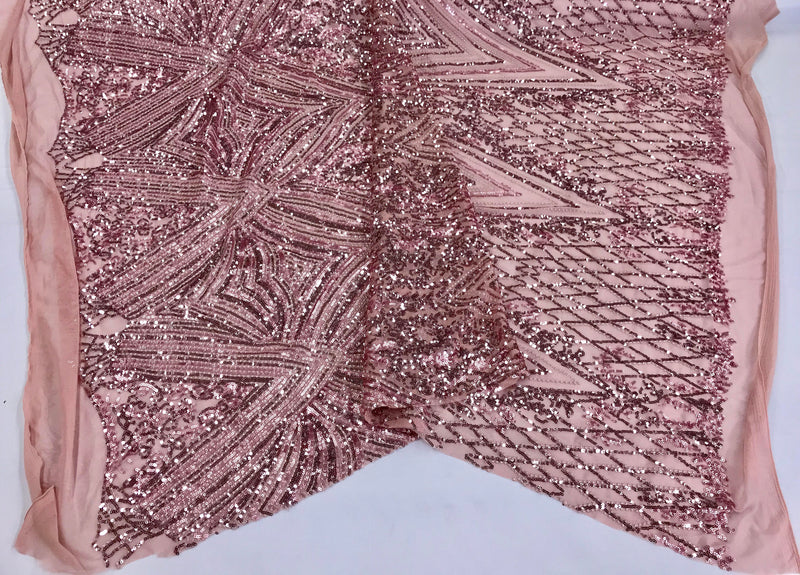 Dusty rose geometric diamond design embroider with sequins on a 2 way stretch mesh lace-dresses-fashion-nightgown-sold by yard.