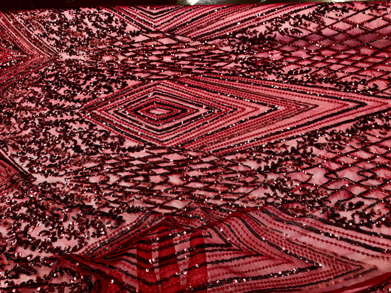 Burgundy geometric diamond design embroider with sequins on a 2 way stretch mesh lace-dresses-fashion-nightgown-sold by yard.