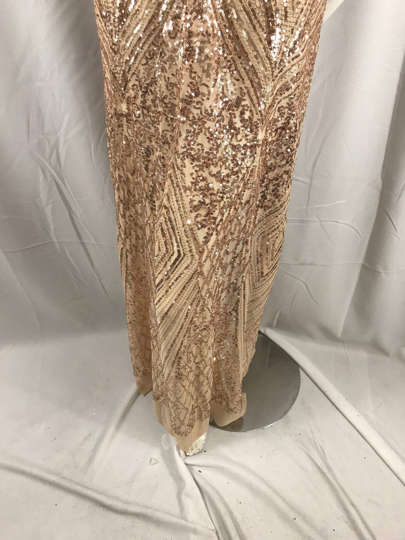 Champagne geometric diamond design embroider with sequins on a 2 way stretch mesh lace-dresses-fashion-nightgown-sold by yard.