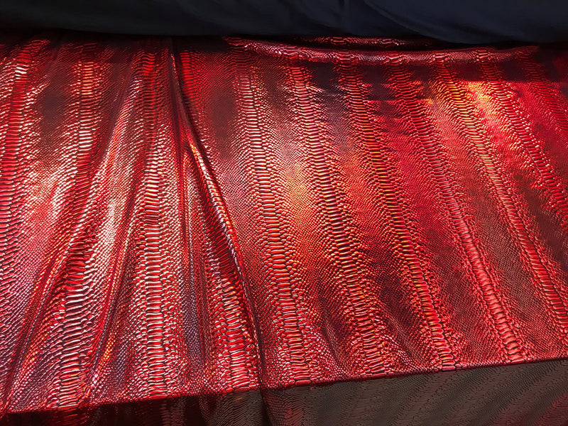 Red iridescent snake skin print on a 2 way stretch nylon spandex-skirts-leggings-dresses-decorations-nightgown-sold by the yard.