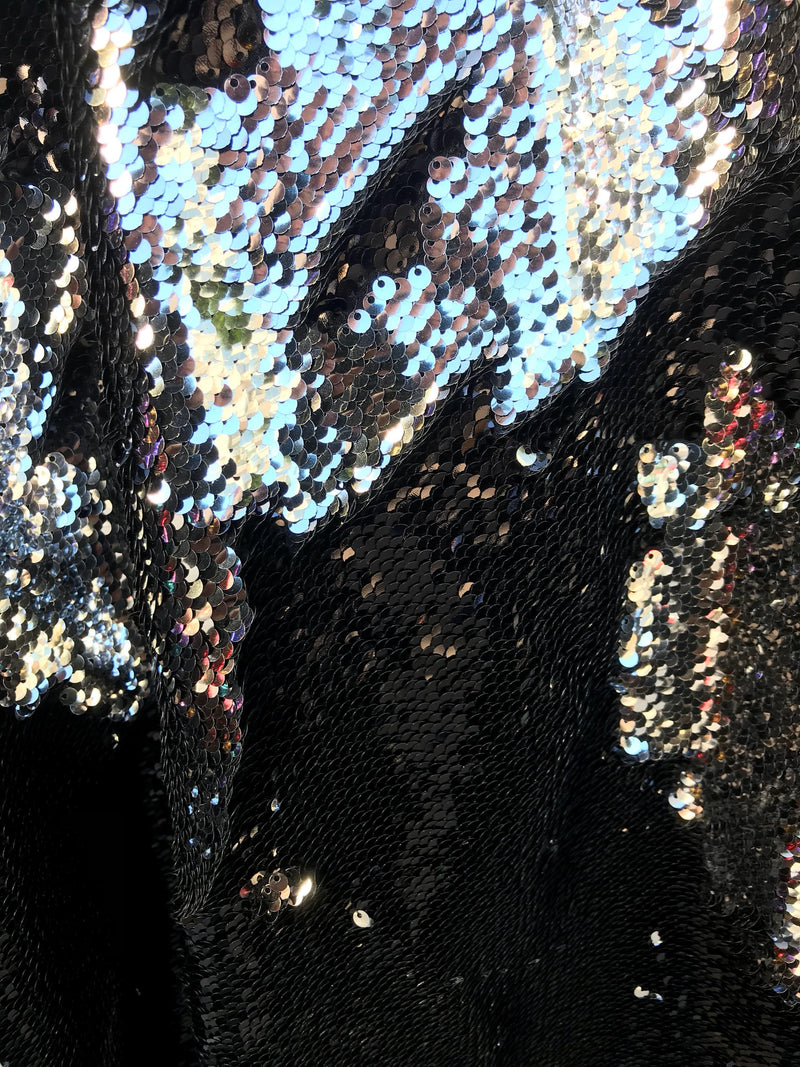 Black-silver shiny flip sequins-mermaid fish scale sequins on a 2 way stretch spandex-dresses-fashion-apparel-pillow-sold by the yard.