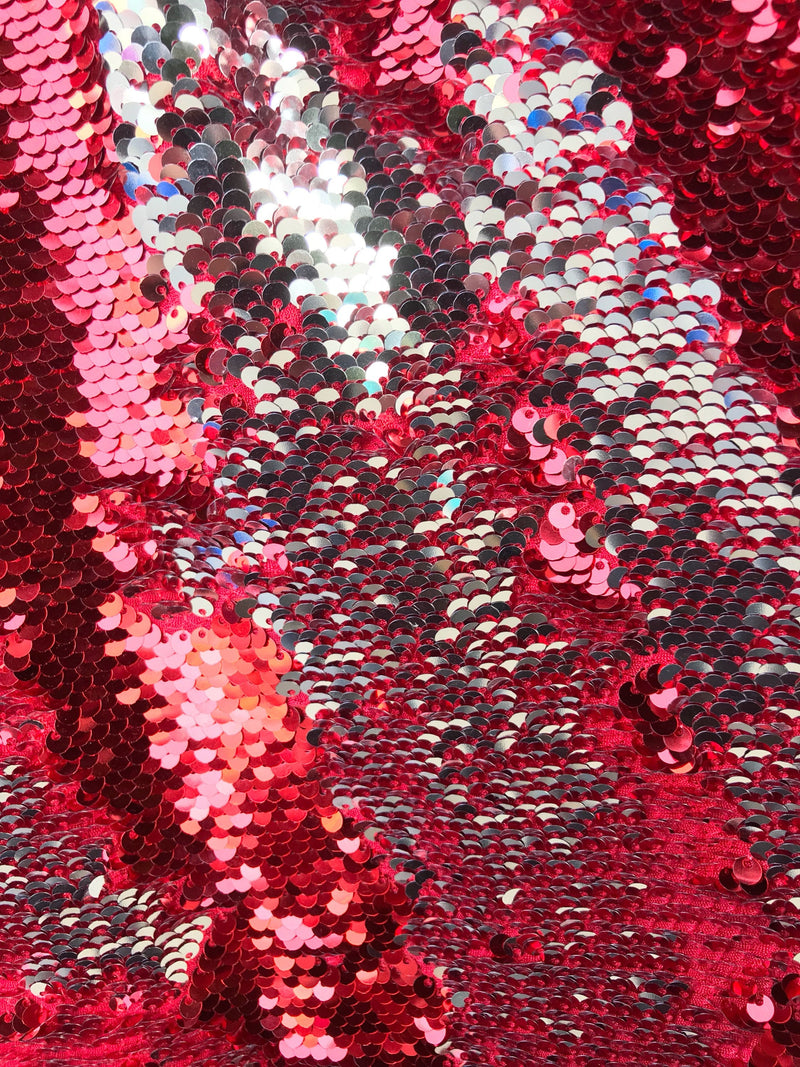 Red-silver shiny flip sequins-mermaid fish scales embroider on a 2 way stretch spandex-dresses-fashion-apparel-pillows-sold by the yard.