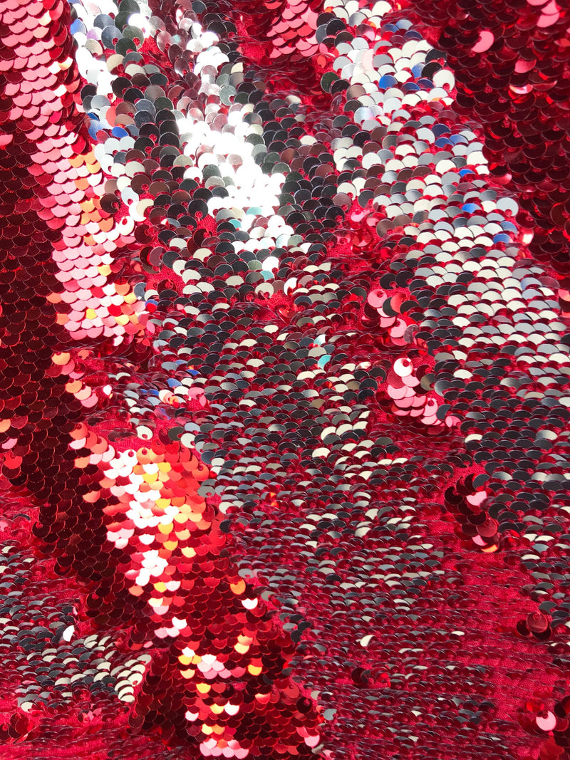 Red-silver shiny flip sequins-mermaid fish scales embroider on a 2 way stretch spandex-dresses-fashion-apparel-pillows-sold by the yard.