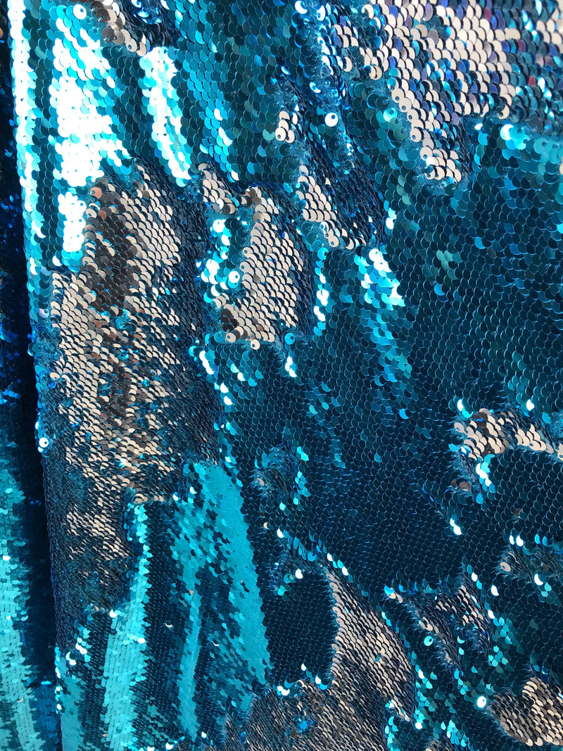 Teal blue-silver shiny flip sequins-mermaid fish scales embroider on a 2 way stretch spandex-dresses-fashion-apparel-pillows-sold by yard.