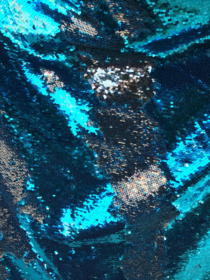 Teal blue-silver shiny flip sequins-mermaid fish scales embroider on a 2 way stretch spandex-dresses-fashion-apparel-pillows-sold by yard.