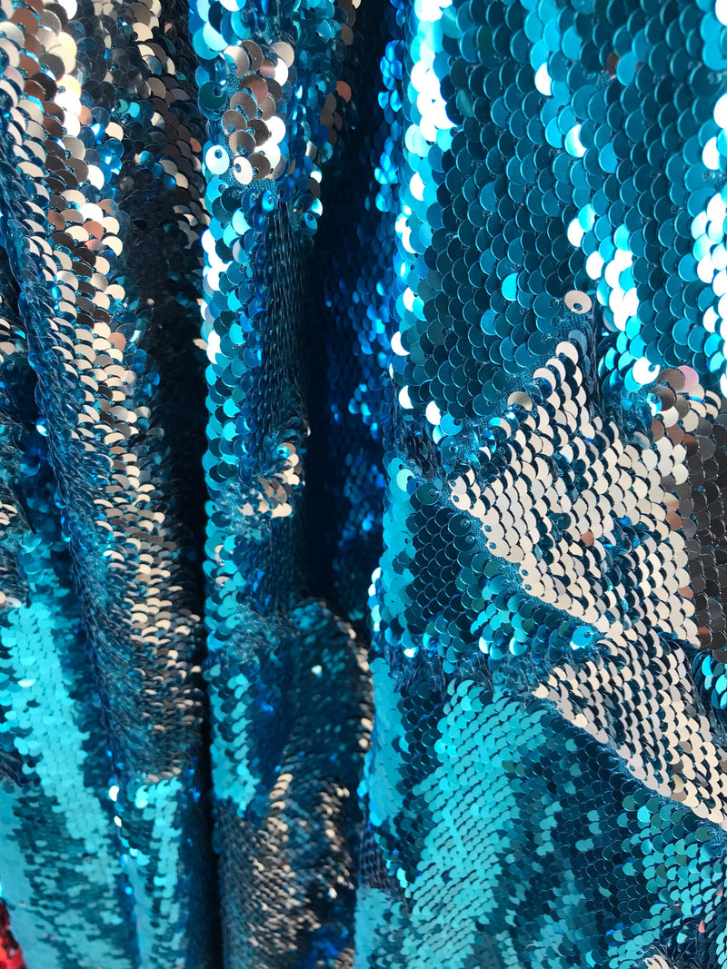 Teal blue-silver shiny flip sequins-mermaid fish scales embroider on a 2 way stretch spandex-dresses-fashion-apparel-pillows-sold by yard.