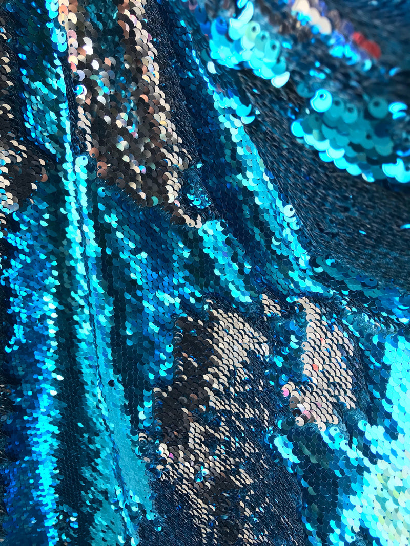 Teal blue-silver shiny flip sequins-mermaid fish scales embroider on a 2 way stretch spandex-dresses-fashion-apparel-pillows-sold by yard.