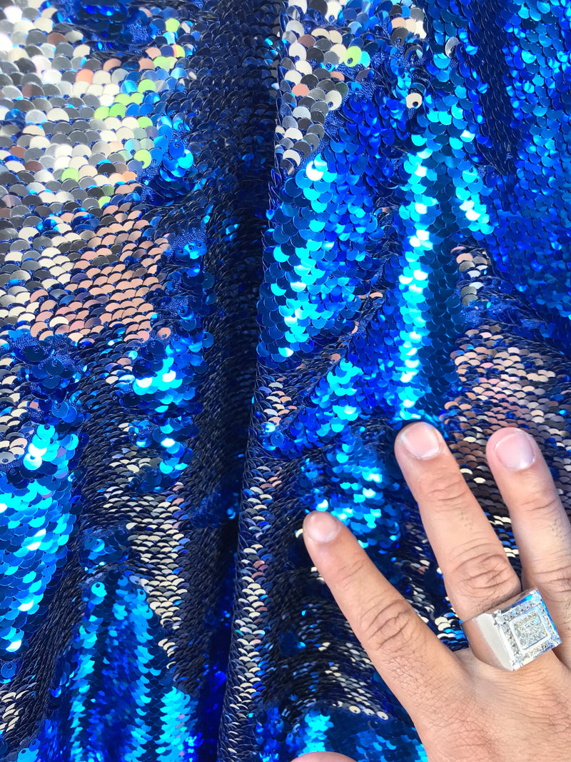 Royal blue-silver shiny flip sequins-mermaid fish scales embroider on a 2 way stretch spandex-dresses-fashion-apparel-pillows-sold by yard.