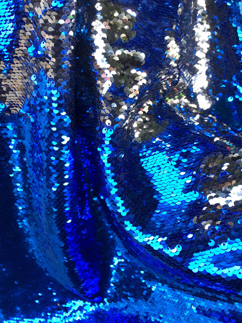 Royal blue-silver shiny flip sequins-mermaid fish scales embroider on a 2 way stretch spandex-dresses-fashion-apparel-pillows-sold by yard.