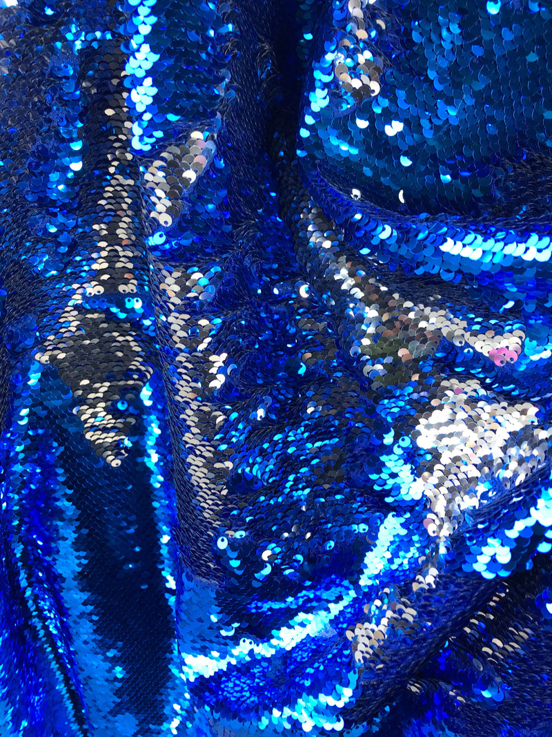 Royal blue-silver shiny flip sequins-mermaid fish scales embroider on a 2 way stretch spandex-dresses-fashion-apparel-pillows-sold by yard.