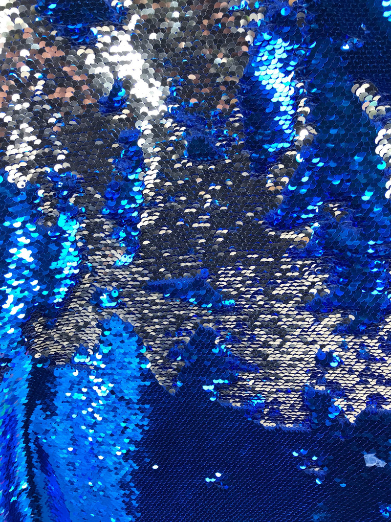 Royal blue-silver shiny flip sequins-mermaid fish scales embroider on a 2 way stretch spandex-dresses-fashion-apparel-pillows-sold by yard.