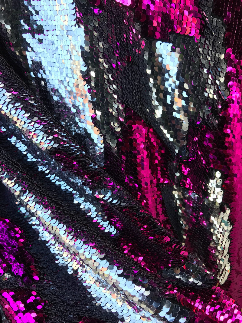 Fuchsia-silver shiny flip sequins-mermaid fish scales embroider on a 2 way stretch spandex-dresses-fashion-apparel-pillows-sold by yard.