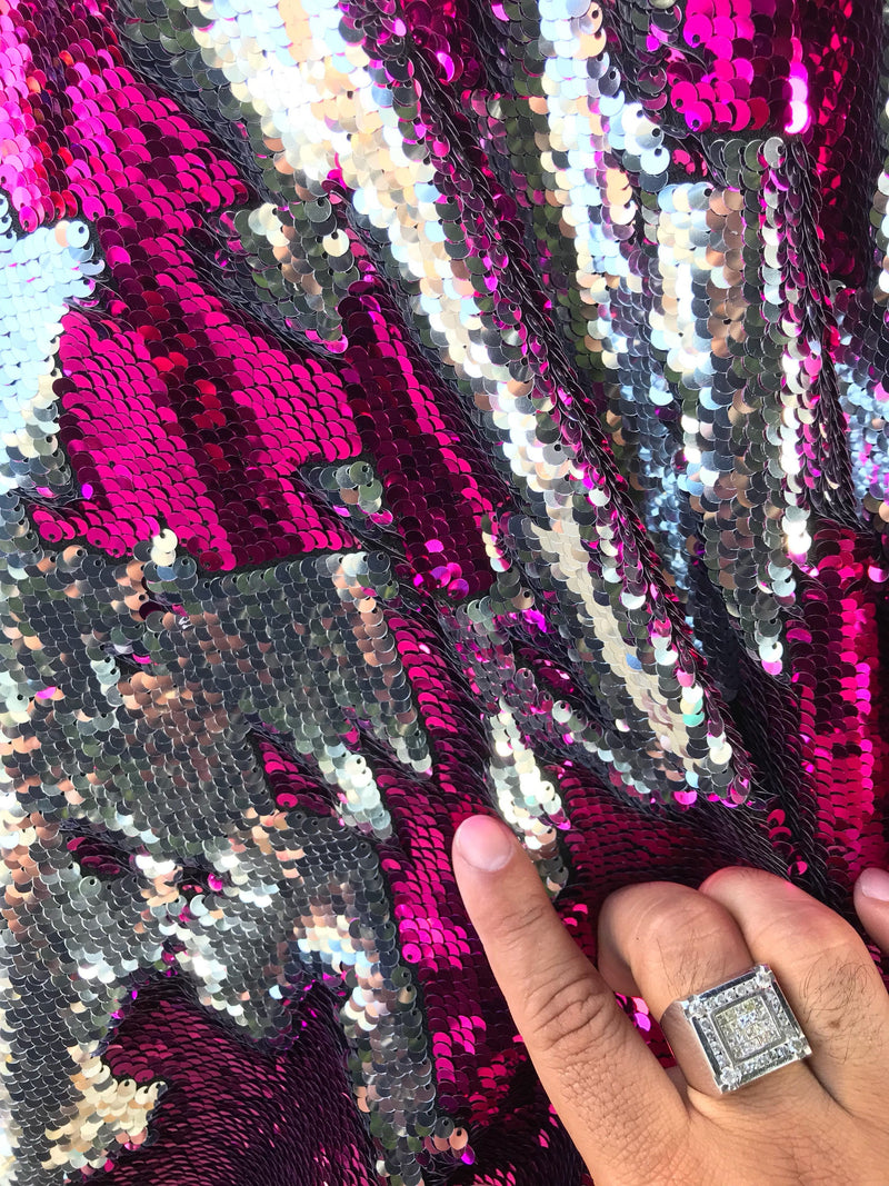 Fuchsia-silver shiny flip sequins-mermaid fish scales embroider on a 2 way stretch spandex-dresses-fashion-apparel-pillows-sold by yard.