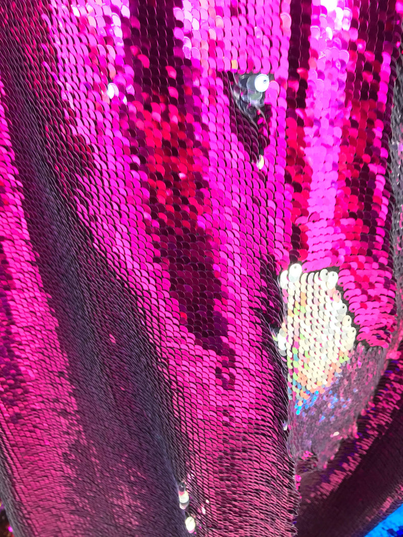 Fuchsia-silver shiny flip sequins-mermaid fish scales embroider on a 2 way stretch spandex-dresses-fashion-apparel-pillows-sold by yard.